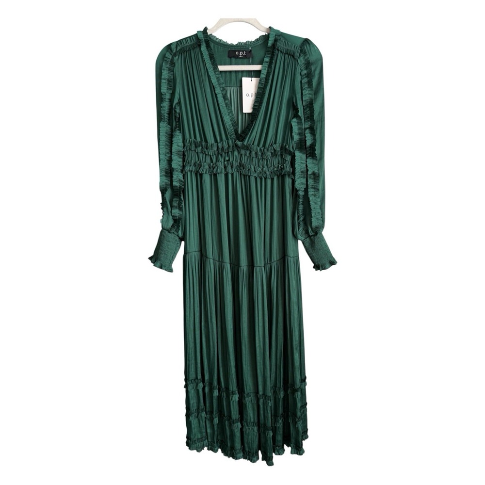 O.P.T Emerald Green Pleated Maxi Dress M Ruffle V-Neck Whimsigoth Romantic NWT